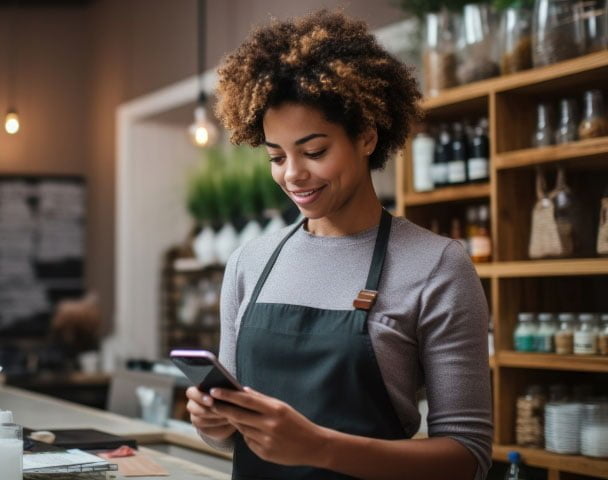 Tap to pay for merchants, lady merchant looking at smartphone smiling in a store