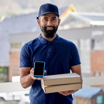 Tap to pay use case, delivery, delivery man holding smartphone to accept payment